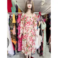 Đầm hoa Cổ vuông,tay dài  Hoa 3D Tơ Óng chiffon đúp lót 2 lớp Tinh Tế Haàng có sẵn giao ngay Phía sau bo chun co giãn