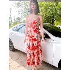 Đầm hoa hai dây chất liệu lụa mango cao cấp, dáng dài form xòe bo chun phía sau (hàng thiết kế), có 2 túi 2 bên