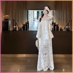 Set cúp ngực ren trắng váy nữ dáng dài cổ tiểu thư Set ren nữ, Set gồm áo quây họa tiết ren hoa dập nổi phối