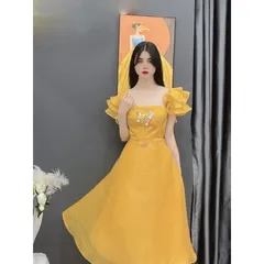 Váy dự tiệc đính kết cao cấp màu Vàng  Hàng mới về ĐẦM MIDI CÁNH TIÊN VÀNG  ĐÍNH KIM SA Giá 390k Hàng có sẵn giao ngay S