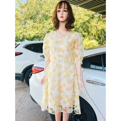 Đầm hoa tầng màu vàng Giá 320k Hàng có sẵn giao ngay XL Chất liệu hàng cao cấp