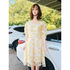 Đầm hoa tầng màu vàng Giá 320k Hàng có sẵn giao ngay XL Chất liệu hàng cao cấp