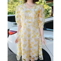 Đầm hoa tầng màu vàng Giá 320k Hàng có sẵn giao ngay XL Chất liệu hàng cao cấp