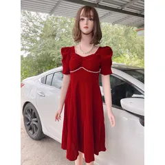 Đầm đỏ nhung đinh ngọc cao cấp Hàng có sẵn giao ngay Giá 299k Chất liệu nhung