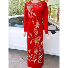 Áo dài nhung màu đỏ dính kết siêu đẹp Hàng có sẵn giao ngay L Giá 490k ( quần 120k/ quần)