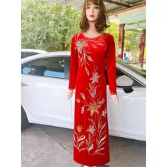 Áo dài nhung màu đỏ dính kết siêu đẹp Hàng có sẵn giao ngay L Giá 490k ( quần 120k/ quần)