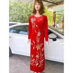 Áo dài nhung màu đỏ dính kết siêu đẹp Hàng có sẵn giao ngay L Giá 490k ( quần 120k/ quần)