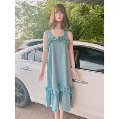 Đầm bèo 2 dây  đầm maxi nữ suông 2 dây bản to phối bèo Giá 290k Hàng có sẵn giao ngay Màu xanh mint