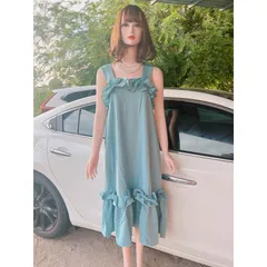 Đầm bèo 2 dây  đầm maxi nữ suông 2 dây bản to phối bèo Giá 290k Hàng có sẵn giao ngay Màu xanh mint