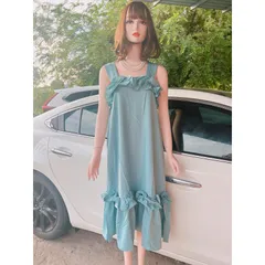 Đầm bèo 2 dây  đầm maxi nữ suông 2 dây bản to phối bèo Giá 290k Hàng có sẵn giao ngay Màu xanh mint