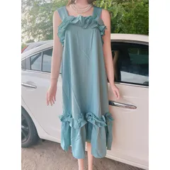 Đầm bèo 2 dây  đầm maxi nữ suông 2 dây bản to phối bèo Giá 290k Hàng có sẵn giao ngay Màu xanh mint