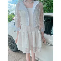 SET ĐẦM 2S TRẮNG REN HOA XOÈ PHỒNG + KHOÁC CROP REN  trắng Đang hot style đầm trong kèm khoác ngoài  sang chảnh