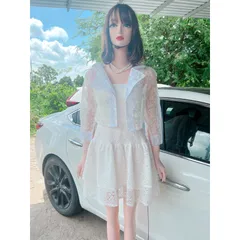 SET ĐẦM 2S TRẮNG REN HOA XOÈ PHỒNG + KHOÁC CROP REN  trắng Đang hot style đầm trong kèm khoác ngoài  sang chảnh