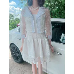 SET ĐẦM 2S TRẮNG REN HOA XOÈ PHỒNG + KHOÁC CROP REN  trắng Đang hot style đầm trong kèm khoác ngoài  sang chảnh