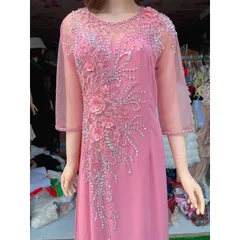 Dạ hội áo dài bên trong là đầm, đính kết thủ công siêu đẹp màu hồng phấn Giá 500k Hàng có sẴn giao ngay