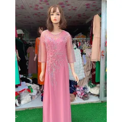 Dạ hội áo dài bên trong là đầm, đính kết thủ công siêu đẹp màu hồng phấn Giá 500k Hàng có sẴn giao ngay