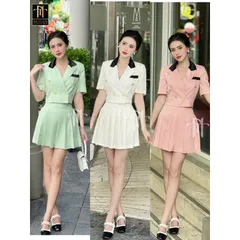 Giá 290k Set váy phối nhung chân xếp li xinh lắm. Hàng 2 lớp  Xanh- trắng- hồng