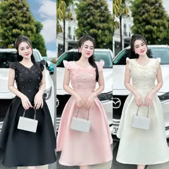 VÁY TAFTA DÁNG DÀI ĐÍNH KẾT HOA TAY CÁNH TIÊN màu hồng Hàng có sẵn giao ngay L Giá 380k
