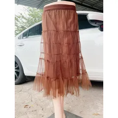 Chân váy ren màu nâu tây Cao Cấp Ba Lớp, Lưới Váy Ren Dài Drap Chữ a Xếp Ly Gia 180k Hàng có sẵn giao ngay
