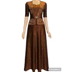 Đầm dạ hội trung niên đi tiệc vải nhũ kim sa kiểu áo giả vest che bụng hoa hồng kết đá,  Đầm dạ hội nhũ hoa hồng kết đa
