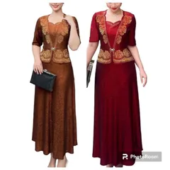 Đầm dạ hội trung niên đi tiệc vải nhũ kim sa kiểu áo giả vest che bụng hoa hồng kết đá,  Đầm dạ hội nhũ hoa hồng kết đa