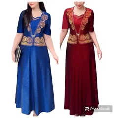 Đầm dạ hội trung niên đi tiệc vải nhũ kim sa kiểu áo giả vest che bụng hoa hồng kết đá,  Đầm dạ hội nhũ hoa hồng kết đa