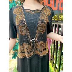 Đầm dạ hội trung niên đi tiệc vải nhũ kim sa kiểu áo giả vest che bụng hoa hồng kết đá,  Đầm dạ hội nhũ hoa hồng kết đa