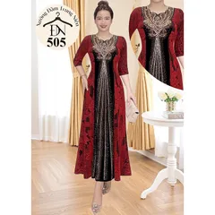 Đầm dự tiệc sang trọng - Chất liệu: Nhũ kim sa phối nhung co giãn, dày dặn - Đặc tính: Giặt không xù lông