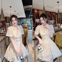 Đầm thiết kế nữ thêu hoa chiết eo phối nơ dáng ngắn  phù hợp đi chơi, dạo phố, đi tiệc ..thiết kế ren thêu hoa nổi đính