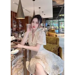 Đầm thiết kế nữ thêu hoa chiết eo phối nơ dáng ngắn  phù hợp đi chơi, dạo phố, đi tiệc ..thiết kế ren thêu hoa nổi đính