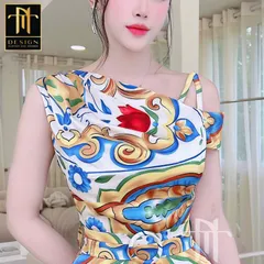 Đầm cao cấp  satin lệch vai màu hoa sang trọng, trẻ trung tôn dáng cho quý cô đi tiệc đi chơi Trắng hoa size S Giá 400k