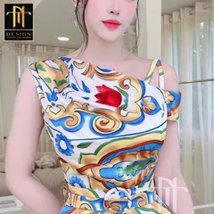 Đầm cao cấp  satin lệch vai màu hoa sang trọng, trẻ trung tôn dáng cho quý cô đi tiệc đi chơi Trắng hoa size S Giá 400k