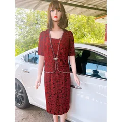 Đầm trung niên đi tiệc thun kim sa giả vest che bụng 50-80kg kiểu đính ngọc viền sang trọng , Đầm trung niên cho mẹ