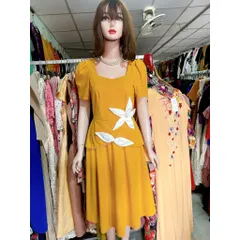 Đầm chất liệu thun umi cao cấp đính hoa nổi siêu đẹp Eo dứoi 84cm mặc đẹp, size SMLXL Màu đỏ và vàng Hàng có sẵn giao