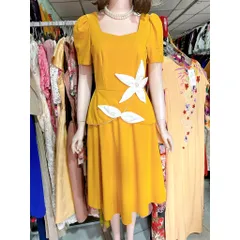 Đầm chất liệu thun umi cao cấp đính hoa nổi siêu đẹp Eo dứoi 84cm mặc đẹp, size SMLXL Màu đỏ và vàng Hàng có sẵn giao