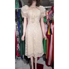 Đầm ren phối ren xoè dài hoa cúc tay tơ bồng nhún Màu kem Hàng có sẵn giao ngay SM, eo dứoi 70cm mặc đẹp Đúp lót