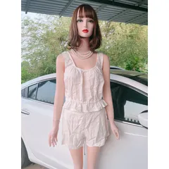 set áo quần dây rút dáng crop trẻ trung Màu kem Hàng có sẵn giao ngay SM Quần có bo chun phía sau co giãn dễ chịu