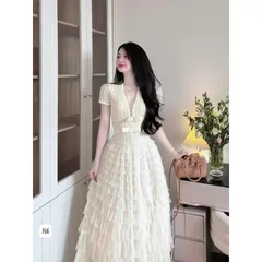Đầm dáng dài váy ren trắng cổ V cao cấp váy nữ dự tiệc váy tiểu thư hàng loại 1