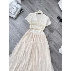 Đầm dáng dài váy ren trắng cổ V cao cấp váy nữ dự tiệc váy tiểu thư hàng loại 1