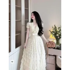 Đầm dáng dài váy ren trắng cổ V cao cấp váy nữ dự tiệc váy tiểu thư hàng loại 1