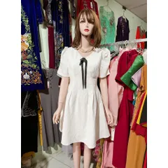 Đầm xòe đi tiệc cưới thiết kế cổ V, tay phồng sang trọng Hàng có sẵn giao ngay L Màu trắng Chất liệu tuyết mưa cao cấp
