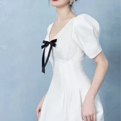 Đầm xòe đi tiệc cưới thiết kế cổ V, tay phồng sang trọng Hàng có sẵn giao ngay L Màu trắng Chất liệu tuyết mưa cao cấp