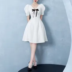Đầm xòe đi tiệc cưới thiết kế cổ V, tay phồng sang trọng Hàng có sẵn giao ngay L Màu trắng Chất liệu tuyết mưa cao cấp