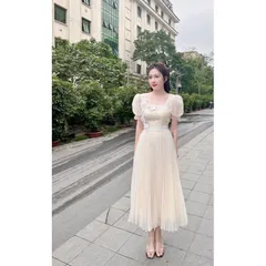Đầm ren màu kem dập ly đính kết hoa nổi, có sẵn mút ngực Hàng cao cấp Giá 390k Hàng có sẵn giao ngay L