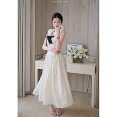 Đầm xinh châm bi nơ ngực dáng maxi Đầm be chấm bi dáng dài tiểu thư cổ bèo đính nơ đen Đầm maxi tiểu thư chấm bi cổ