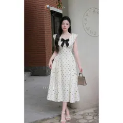 Đầm xinh châm bi nơ ngực dáng maxi Đầm be chấm bi dáng dài tiểu thư cổ bèo đính nơ đen Đầm maxi tiểu thư chấm bi cổ