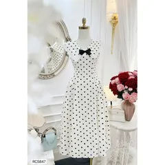 Đầm be chấm bi dáng dài tiểu thư cổ bèo đính nơ đen Đầm maxi tiểu thư chấm bi cổ viền ren,VIỀN BÈO NHÚN