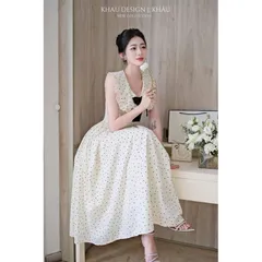 Đầm be chấm bi dáng dài tiểu thư cổ bèo đính nơ đen Đầm maxi tiểu thư chấm bi cổ viền ren,VIỀN BÈO NHÚN