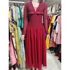 Đầm Ren Tay Dài Dáng Xoè  phối nơ ngực cổ V lưới 2 lớp, Ren co giãn Hàng có sẵn giao ngay Size SM Chất liệu ren cao cấp