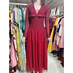 Đầm Ren Tay Dài Dáng Xoè  phối nơ ngực cổ V lưới 2 lớp, Ren co giãn Hàng có sẵn giao ngay Size SM Chất liệu ren cao cấp